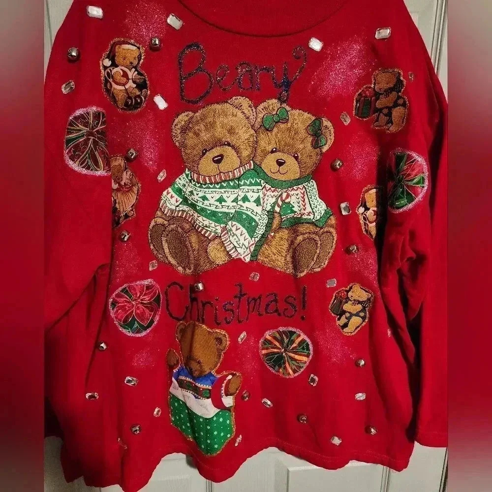 1 of a Kind Custom Handmade Ugly Christmas Sweater Glitter Bears Women's Plus 3X - Picture 4 of 10
